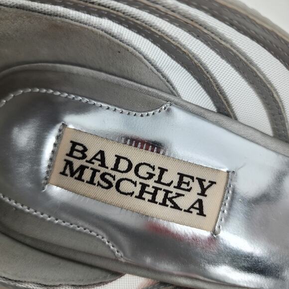 Badgley Mischka Silver Crystal Rhinestone Open Toe Leather Sole Pumps Size 7.5 - Picture 2 of 6